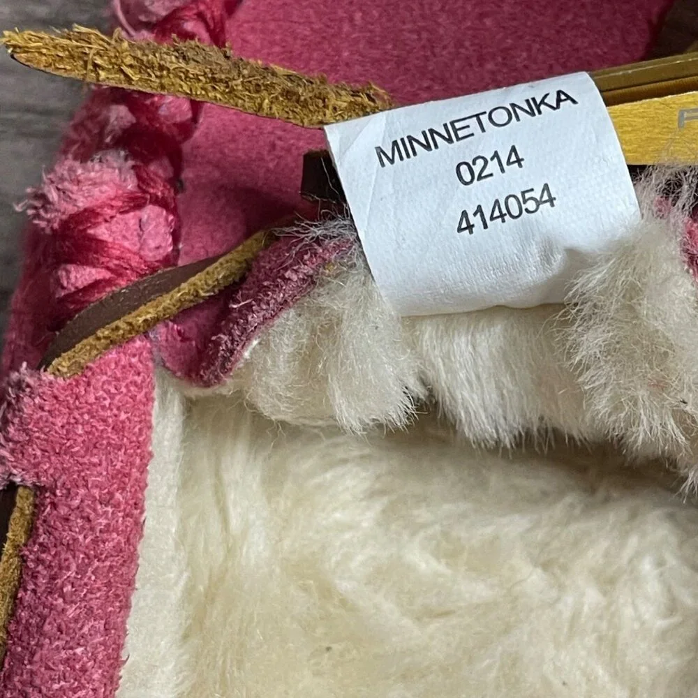 Minnetonka Cassie Moc Slippers Girls Size‎ 1 Pink Suede Leather Faux Fur Lining